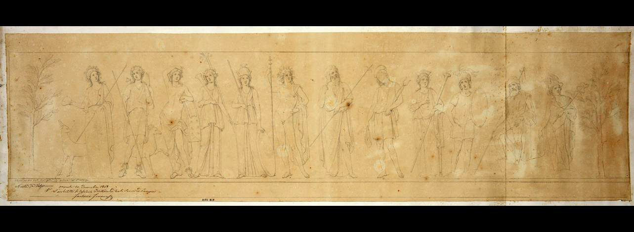 Painted street shrine to twelve gods on corner of insula at VIII.3.11. 1858 drawing of gods by N. La Volpe.
Now in Naples Archaeological Museum. Inventory number ADS 819.
La scheda ICCD descriva:
Il disegno raffigura la teoria dei dodici dei, delimitata da due alberelli; partendo da sinistra si hanno 
Vesta, dietro cui si scorge un asinello. 
Diana, abbigliata da cacciatrice, con arco, asta e faretra, nei cui pressi � una cerva. 
Apollo a torso nudo, appoggiato alla cetra. 
Cerere coronata di spighe, con la lunga fiaccola. 
Minerva elmata, con scudo e lancia. 
Giove, giovane, nudo, appoggiato al lungo scettro. 
Un personaggio barbato che dovrebbe invece essere Giunone con lo scettro. 
Vulcano sbarbato, pileo sul capo, martello nella destra e tenaglie nella sinistra. 
Venere Pompeiana con lunga fiaccola e corona turrita. 
Marte senza barba, con elmo e scudo. 
Nettuno, barbato, coronato, con copricapo e tridente nella destra. 
Mercurio con calzari alati, petaso, caduceo e marsupio.
Photo � ICCD. https://www.catalogo.beniculturali.it
Utilizzabili alle condizioni della licenza Attribuzione - Non commerciale - Condividi allo stesso modo 2.5 Italia (CC BY-NC-SA 2.5 IT)
