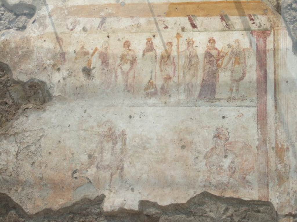 Public street shrine (compitum) to 12 gods outside IX.11.1 Pompeii.  May 2006.
From left to right they are Jupiter, Juno, Mars, Minerva, Hercules, Venus, Mercury, Proserpina (possibly), Vulcanus, Ceres, Apollo, Diana. See Fr�hlich, T., 1991, Lararien und Fassadenbilder in den Vesuvst�dten.  Mainz: von Zabern.  (F66: p.335-7).
