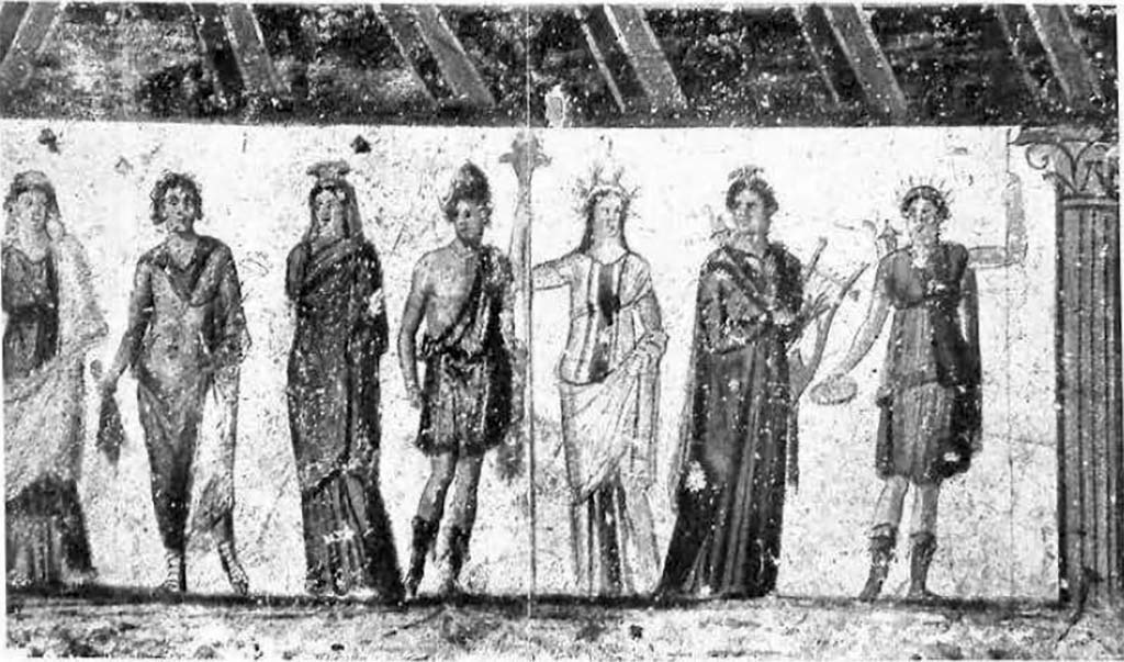 Public street shrine (compitum) to 12 gods outside IX.11.1 Pompeii. Gods at the right-hand end.
See Fr�hlich, T., 1991, Lararien und Fassadenbilder in den Vesuvst�dten. Mainz: von Zabern. (F66: Tav. 60,2).
See Spinazzola V., 1953. Pompei alla luce degli Scavi Nuovi di Via dell�Abbondanza (anni 1910-1923) Vol. 1. Roma: La Libreria della Stato, p. 175ff, Tav d'aggiunta 1.

