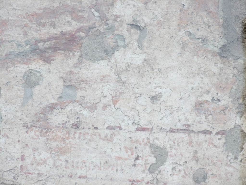 Detail of painted inscription outside IX.11.1.  December 2006.
This according to Frohlich, which he reads (left to right and top to bottom), is 
SVCVVSSVS (or Successus?), VICTOR, AXCLIIPIADIIS (i.e. Asclepiades),  and COSSTAS, with what appears to be VICI/MAGISTRI in the centre, but the condition is poor and the text is hard to read.
See Fr�hlich, T., 1991. Lararien und Fassadenbilder in den Vesuvst�dten. Mainz: von Zabern. (p.337). According to Epigraphik-Datenbank Clauss/Slaby (See www.manfredclauss.de) this read

Successus Victor 
A<s=X>clepiades Co<n=S>sta(n)s       [CIL IV 7855]