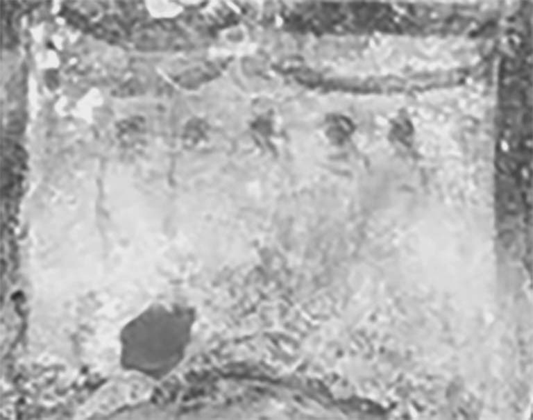 Street shrine outside IX.12.7. Detail from 1912 photograph.
Bottom right painting: Fr�hlich described two garlands with five persons in white garments in a semicircle, probably the vicomagistri and a tibicen. 
Jacobelli described them as five priests or magistri vici in the act of making a sacrifice. 
She also stated that this painting covered an older one on the same subject and perhaps it was meant to conceal the Genius of Augustus/Nero, affected posthumously by the damnatio memoriae, which dictated that the emperor�s name and image be wiped out wherever they appeared.
See Fr�hlich, T., 1991. Lararien und Fassadenbilder in den Vesuvst�dten. Mainz: von Zabern. (p. 339, F71, T: 58,2). 
See Jacobelli, L., 2003. Gladiators at Pompeii. Rome: L�Erma di Bretschneider. (p. 85; Figs 69-70).
