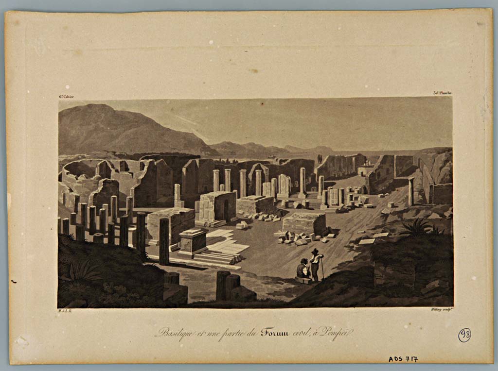 Arched monument at south end of Forum. 1827. Aquatint by Gustaf Witting (1788-1830).
The view shows the forum of Pompeii, with part of the pavement in Travertine, the foundations of statues, the civil buildings and at the top the basilica.
Now in Naples Archaeological Museum. Inventory number ADS 717.
See Le Riche J. M., 1827. Vues des monumens antiques de Naples. Cahier 6 Pl. 30.
Photo � ICCD. https://www.catalogo.beniculturali.it
Utilizzabili alle condizioni della licenza Attribuzione - Non commerciale - Condividi allo stesso modo 2.5 Italia (CC BY-NC-SA 2.5 IT)

