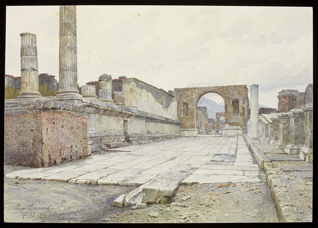 Arch of Nero. Undated watercolour painting by Luigi Bazzani looking north from site of arch to arch at north-east end of the Forum.
Photo � Victoria and Albert Museum, inventory number 1419-1901.
