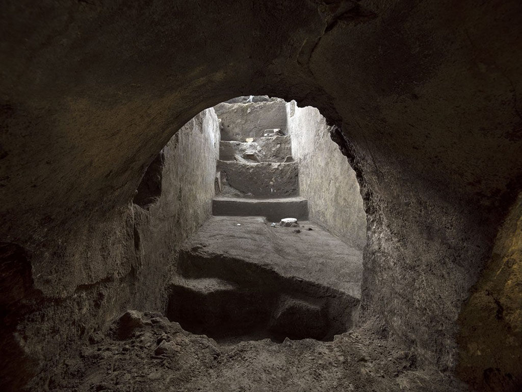 November 2020. Side room of the cryptoporticus, in the form of a passageway below the villa which led to the upper floor.

This space, 2.2 metres wide but of a length which has yet to be determined, featured a wooden floor, as indicated by the presence of six holes in the walls for housing the beams which supported a gallery. The room was destroyed by the collapse of the highest parts of the masonry, beneath which was found a thick layer formed from the succession of pyroclastic currents that were typical of the eruption of AD 79. 

Novembre 2020. I corpi sono stati individuati in un vano laterale del criptoportico, corridoio di passaggio sottostante della villa, che consentiva l'accesso al piano superiore.

Questo spazio, largo 2,2 metri ma di lunghezza ancora da determinare, presentava un pavimento in legno, come indicato dalla presenza di sei fori nelle pareti per ospitare le travi che sostenevano una galleria. La stanza fu distrutta dal crollo delle parti più alte della muratura, sotto la quale fu trovato uno spesso strato formato dalla successione di correnti piroclastiche tipiche dell'eruzione del 79 d.C. 

Photograph © Parco Archeologico di Pompei.

