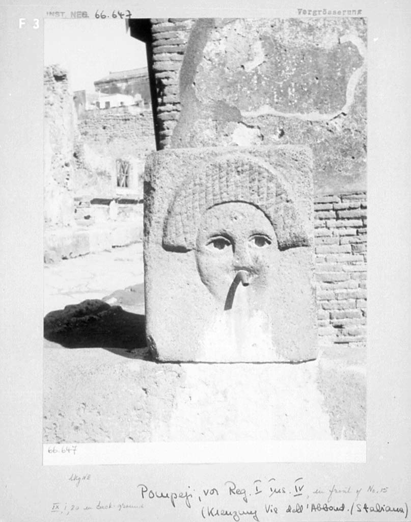 Fountain outside I.4.15 on Via Stabiana, Pompeii. Fountain head with comedy mask.
DAIR 66.647. Photo � Deutsches Arch�ologisches Institut, Abteilung Rom, Arkiv.
