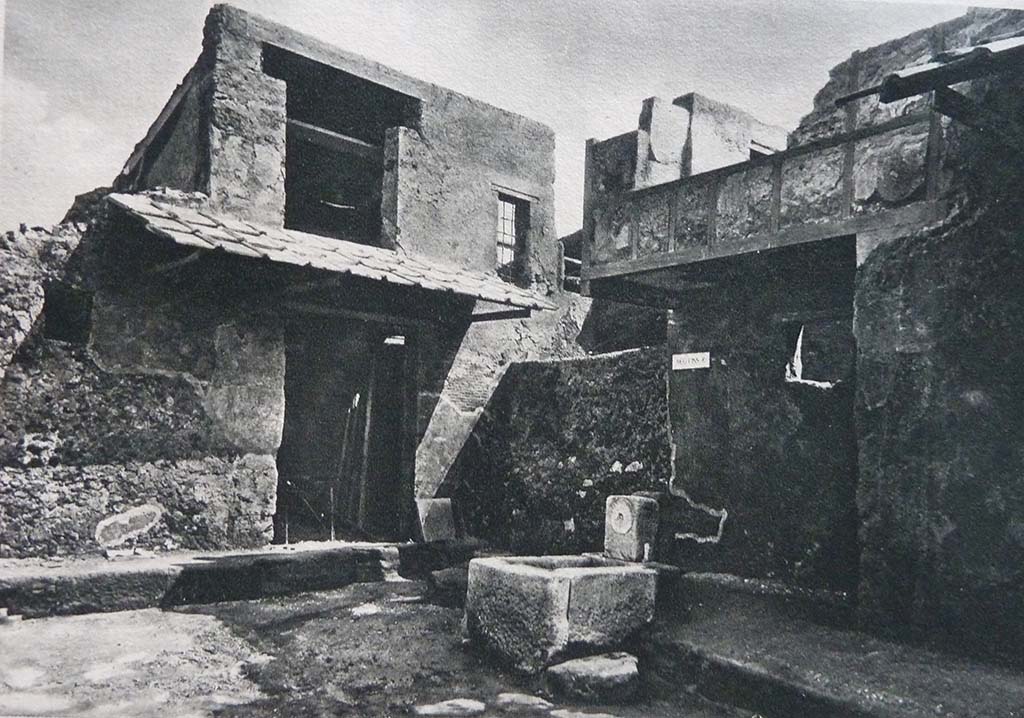 Fountain at I.10.1, Pompeii. Old undated photograph. A wall blocks the Vicolo di Paquius Proculus.