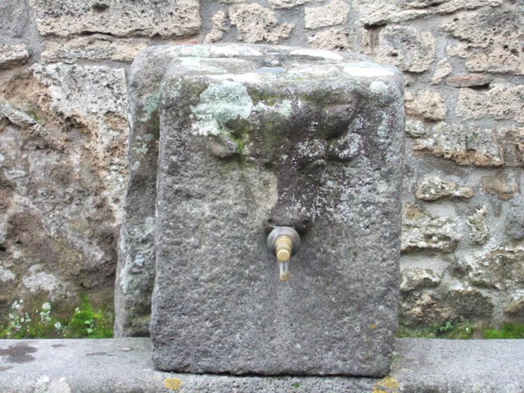 Fountain on Via dell� Abbondanza between II.1.2 and II.1.3. December 2005. Relief of head of bull or ox.