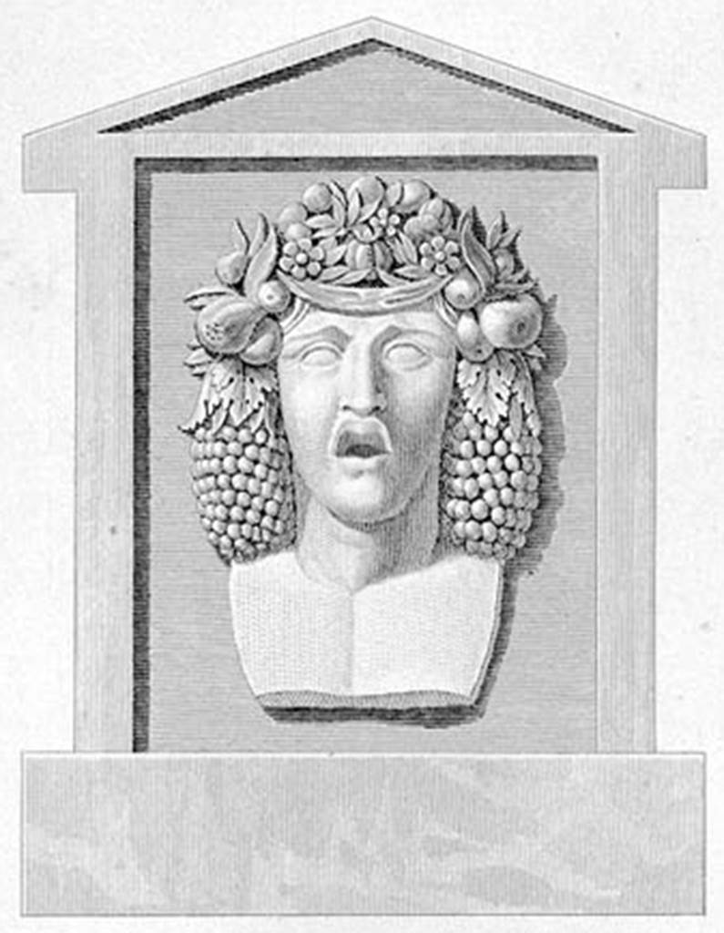 About 1810. Drawing by Mazois of fountain head of Bacchus, or a God of the countryside and crossroads. See Mazois, F., 1824. Les Ruines de Pompei: Second Partie. Paris: Firmin Didot. (p. 37, Pl. III Fig. II). According to Eschebach, during the earliest excavations in 1755, near the Street of the Graves, a representation of the god Vertumnus or Bacchus was found, in the form of a fountain profile, which fits the character of this residential area. 
This fountain in the form of a pilaster was discovered in VI. Ins. Occ. Via Consolare, see Mazois. Eschebach commented �this permits no conclusions on the shape of the well basin�.
See Eschebach, H., 1983. Pompeii, Herculaneum, Stabiae; Bollettino dell� Associazione Internazionale Amici di Pompei 1. (pp. 15, 25, 26: Fig 33). This may, or may not, be the fountain from this site, see also the fountain description at II.3.5.
