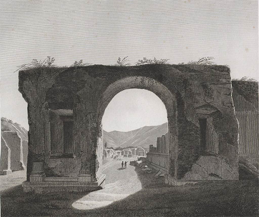 Fountain in arch at north-east corner of Forum. 1829 drawing of arch and fountain by Mazois. Looking south.
See Mazois, F., 1829. Les Ruines de Pompei: Troisi�me Partie. Paris: Didot Fr�res, pl XLI fig.1.  
