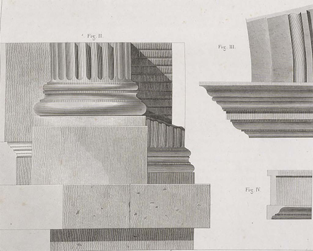 Fountain in arch at north-east corner of Forum, 1829. Mazois drawing of niche fluted columns and marble decoration.
See Mazois, F., 1829. Les Ruines de Pompei: Troisi�me Partie. Paris: Didot Fr�res, pl XLI figs. II, III, IV.  
