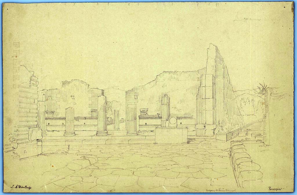 Fountain outside VIII.7.30 Pompeii. 1849. Drawing by Laurits Albert Winstrup. 
Looking south in Via dei Teatri, towards fountain and entrance to Triangular Forum.
Photo � Danmarks Kunstbibliotek, inventory number ark_6092.
