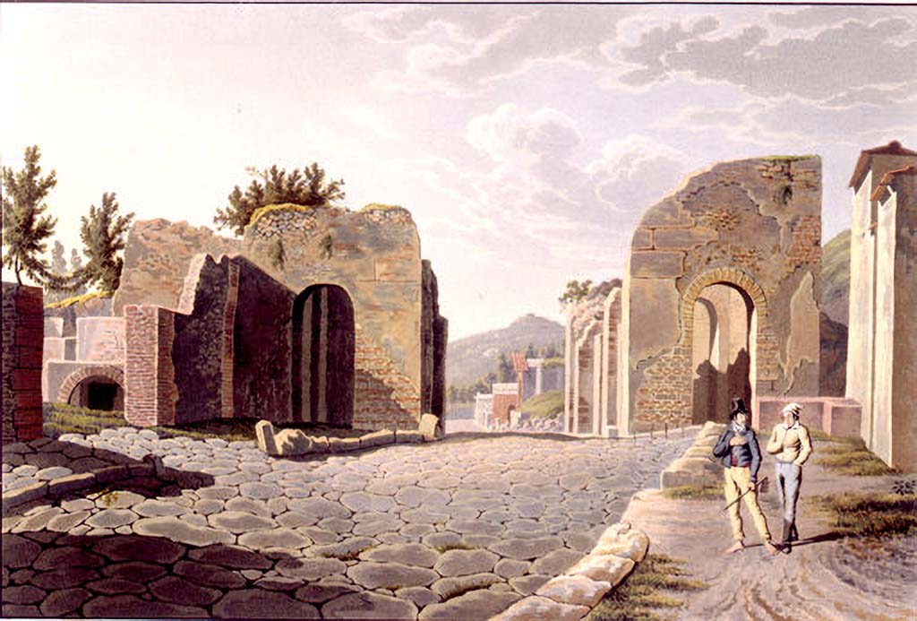 Porta Ercolano or Herculaneum Gate, Pompeii. 
Pre-1824 aquatint by Jakob Wilhelm Huber, “Intérieur de la Porte vers les Tombeaux”, looking north to Gate, with VI.17.1, on left.
See Huber, J. W., 1824. Vues pittoresques des ruines les plus remarquables de l’ancienne ville de Pompei, pl. IV. 

