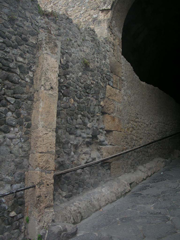 Porta Marina, Pompeii. May 2011.
Looking east along north wall of wider tunnel into gate. Photo courtesy of Ivo van der Graaff.