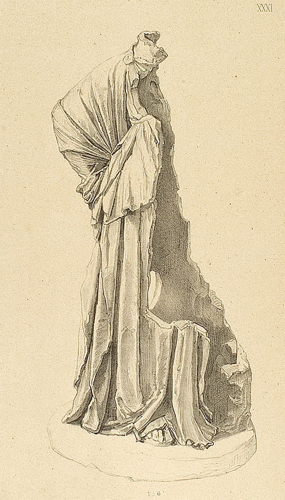 Pompeii Porta Marina. 1880. Drawing by Von Rohden of terracotta statue of Minerva.
See Von Rohden, H., 1880. Die Terracotten von Pompeji. Stuttgart: Spemann, p. 44, Taf. XXXI.