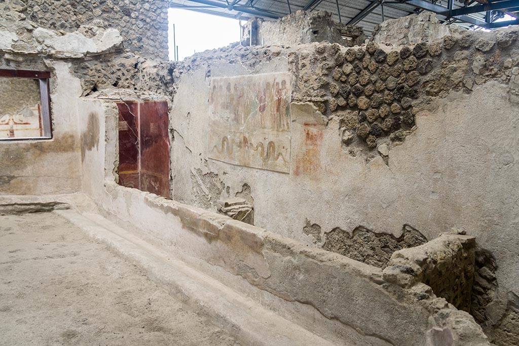 IX.12.6 Pompeii. July 2024. Room “n1”, with lararium painting on west wall. Photo courtesy of Johannes Eber.