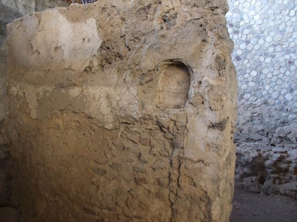IX.12.6 Pompeii. March 2009. Room “f”, niche in wall in north-west corner. 
Room “g”, behind the niche, has the stone bench against the wall.

