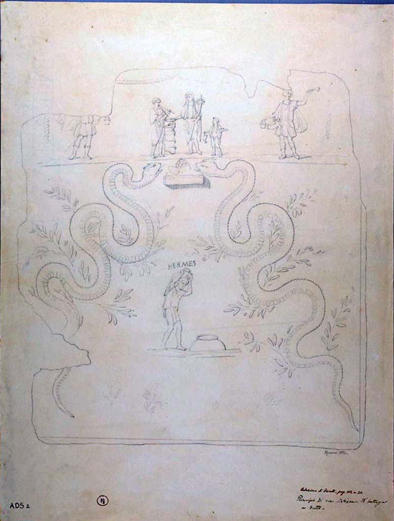 I.1.8 Pompeii. 1872 drawing by Geremia Discanno of lararium painting.
Records from the 19th century excavations of this property described a painted shrine on the north wall of the ‘first room’.
It has been unclear which of the three street-side rooms of the property is the ‘first room’. 
Only this sketch remains, which depicts an upper and lower register of decoration with various figures. 
The lower register of the shrine’s decoration depicted a man carrying an amphora, ready to pour its contents into a dolium.
He was labelled HERMES and this is the reason the property has traditionally been named the Hospitium of Hermes. [CIL IV, 3355].
Flanking Hermes were two coiled serpents, rearing up toward an altar that was topped by a pinecone. 
The upper register of the shrine’s decoration depicted a togate genius with cornucopia and patera next to a shrine with a snake coiled around it. 
To the right of the genius was the camillus holding a patera and perhaps a rooster, and to the left of the genius and altar was a tibicen. 
This scene was flanked by the twin Lares, and a garland or ribbon crowned the scene. 
Nothing of the painted shrine survives. 
Now in Naples Archaeological Museum. Inventory number ADS 2.
Photo © ICCD. http://www.catalogo.beniculturali.it
Utilizzabili alle condizioni della licenza Attribuzione - Non commerciale - Condividi allo stesso modo 2.5 Italia (CC BY-NC-SA 2.5 IT)

