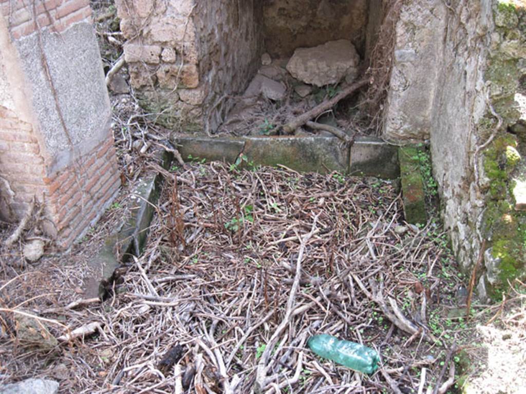 I.3.3 Pompeii. September 2010. Subterranean Level, looking south towards the area on the east side of the steps, and detail of basin. Photo courtesy of Drew Baker.
Mau described the basin, as �not very deep and lined with tufa�. According to Mau, �it was not easy to define these rooms with certainty. It was not a bath, but it would be possible, and I am disposed to think it, that here one did the laundry�.  See Mau, A, in BdI 1874, (p.180)
According to Fiorelli, �there was the staircase that led to the peristyle, but half way up one meets a short descent, that led to a complex of small rooms destined perhaps to be the bath, in the first of which we have a tank that takes water from the peristyle thanks to a tube (pipe) of lead�. See Pappalardo, U., 2001. La Descrizione di Pompei per Giuseppe Fiorelli (1875). Napoli: Massa Editore. (p.38)
