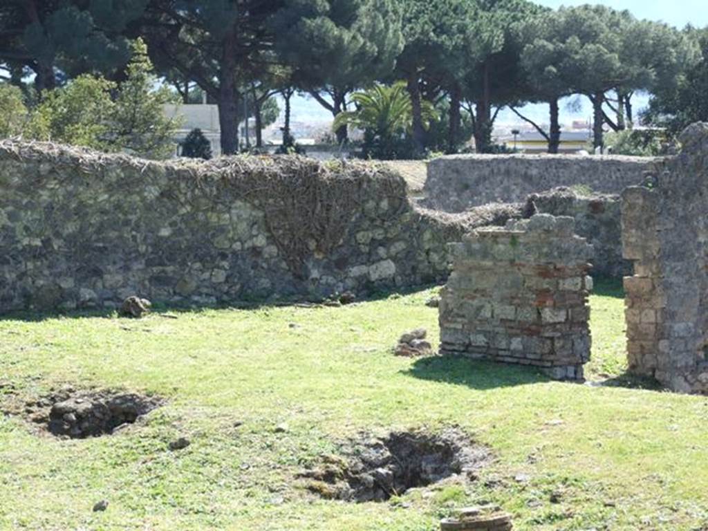 1.3.3 Pompeii. March 2009. 
Looking south-west towards west portico and large exedra or triclinium in south-west corner of peristyle.
According to Fiorelli, �To the right of the staircase was located a spacious oecus, situated above the second of the indicated triclinia, afterwards comes a corridor with a sloping floor, that was above the other corridor on the first (lower) floor carrying the pavements of the roof to the rooms on the south side of the atrium. At the end we have a beautiful exedra, with its flooring existing still, above the storerooms and the kitchen of the first (lower) floor�. 
Mau described the square room in the south-west corner as a triclinium. Its floor was white mosaic, the walls were decorated in black with architectural motifs in the Third Style.
He described a painting (partly destroyed when excavated) as -. 
�In the same house in a triclinium beside the peristyle are remains of a picture: you see two headless figures and part of the upper chest of the man.
On the left was a man of heroic stature and brown complexion, wearing a purple cloak.
The right hand was raised, and the left had apparently pulled the cloak next to the thigh, ready to move away from a woman, to whom he had apparently spoken.
The woman was dressed in a tunic of blueish-grey with a brownish cloak that with both hands she pulled across her chest, so that her arms were hidden.
Probably the scene was Hippolytus and the nurse.
The raised right arm of Hippolytus expressed disgust and rejection.   
See Mau in BdI 1873, p237.
See Pappalardo, U., 2001. La Descrizione di Pompei per Giuseppe Fiorelli (1875). Napoli: Massa Editore. (p.38)
According to Sogliano, found in a room on the west side of the peristyle were �
(p.141, no.685)  � on a white background, a landscape with trees surrounded by ribbons.........
(p.159, no.826)  � a female figure
(p.100, no.542)  � Hippolytus and Phaedra (only a fragment and much damaged)
See Sogliano, A., 1879. Le pitture murali campane scoverte negli anni 1867-79. Napoli: Giannini. 
