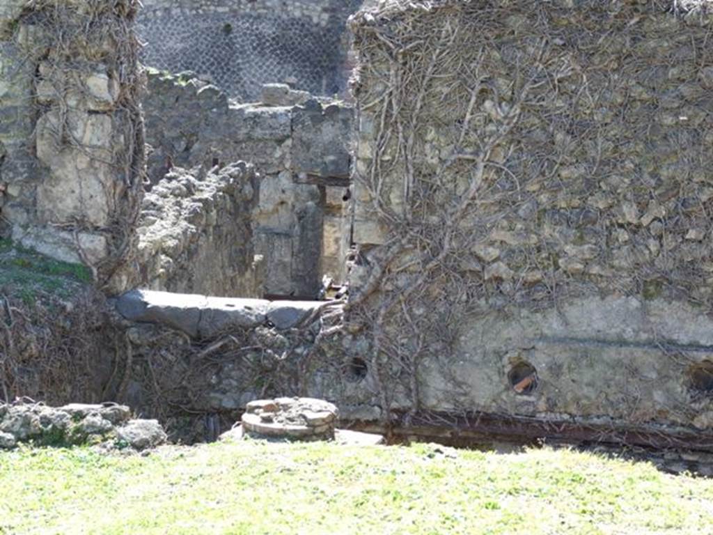 1.3.3 Pompeii. March 2009.  West portico, with collapsed floor, at the top of staircase leading down to atrium on the lower level. The remains of one of the brick columns of the west portico can be seen. According to Fiorelli, �on the column of this portico nearest the staircase, one reads amongst other graffiti 
STATIVS, PROBVS, FLAMILLA, and more underneath at the same place:

CORNIILIVS SVCRIO
CARITO PRIMIGIINIII.
SALVTII. PLVRIMA.

See Pappalardo, U., 2001. La Descrizione di Pompei per Giuseppe Fiorelli (1875). Napoli: Massa Editore. (p.38)

According to Epigraphik-Datenbank Clauss/Slaby (See www.manfredclauss.de), these read as �
Firmilla   CIL IV 3973
Probus   CIL IV 3974
Statius    CIL IV 3975

Cornelius
Carito Primi<g=C>enie
salute(m) plurima(m)       CIL IV 3976


