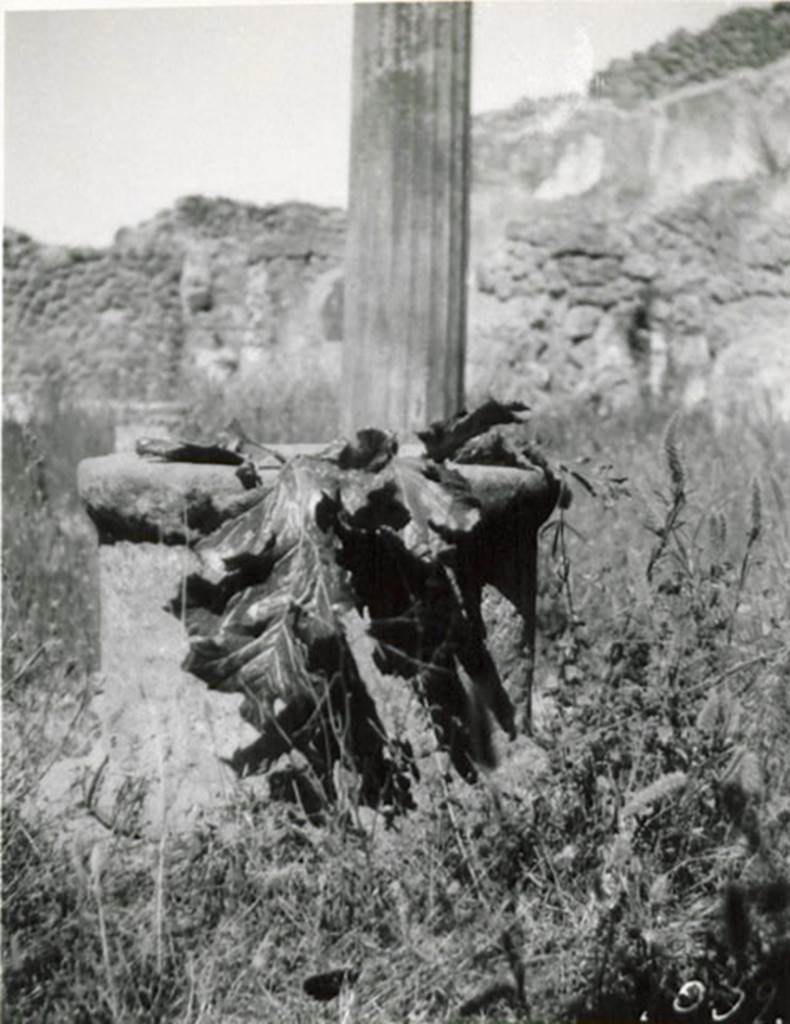 I.3.3 Pompeii. 1935 photograph taken by Tatiana Warscher. The puteal, looking west along the north portico. See Warscher, T, 1935: Codex Topographicus Pompejanus, Regio I, 3: (no.9), Rome, DAIR, whose copyright it remains.  
According to Warscher, �Il puteale prova che sotto la parte orientale del peristilio � situata una cisterna.  Mentre � sotto la parte occidentale si trovano le camere mezzo-sotteraneo: sotto la parte nord-ovest � un bagno, sotto la parte sud-ovest sono camere per lavori manuali. Sarebbe non senza interesse l�investigare la disposizione di quella cisterna tanto pi� che nel peristilio si trovano i tubi dell�acquedotto. Tutto ci fa credere che questi tubi siano stati messi in relazione con questa cisterna pi� antica.�
(translation: �The puteal proves that under the eastern side of the peristyle was a cistern.  
While � under the western part were the half-underground rooms: under the north-west part was a baths area, under the south-west part were rooms for manual labor. It would not be without interest to investigate the arrangement of that cistern especially as the pipes of the aqueduct were in the peristyle.  Everything leads us to believe that these tubes were made in connection with this most ancient cistern.")
