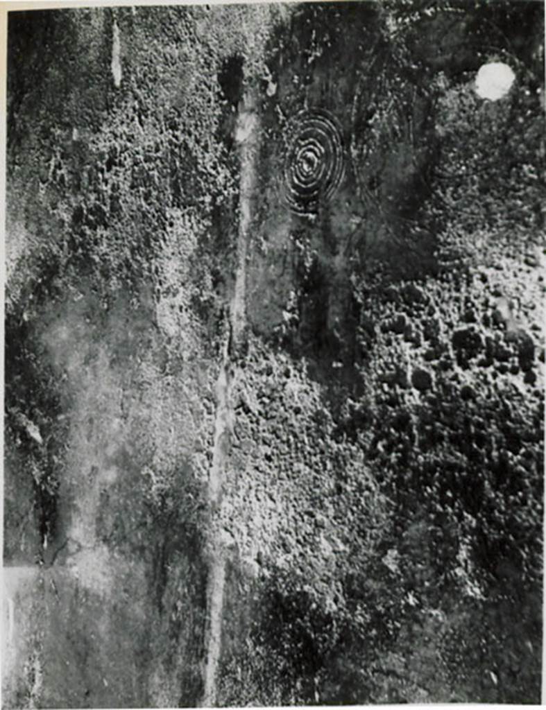 I.3.13/14 Pompeii. 1935 photograph taken by Tatiana Warscher. Graffiti in concentric circles.
See Warscher, T, 1935: Codex Topographicus Pompejanus, Regio I, 3: (no.30), Rome, DAIR, whose copyright it remains.  
According to Warscher, I.3.13/14 �Questo genere di graffito ricorre abbastanza spesso a Pompei � per il momento ricordo: nella casa di Castore e Polluce, in quella degli Scienziati e in quella di Apollo�.  (translation: Such graffiti occurs quite often in Pompeii � for now I remember: the House of Castor and Pollux, in that of the Scienziati and in that of Apollo ".)
