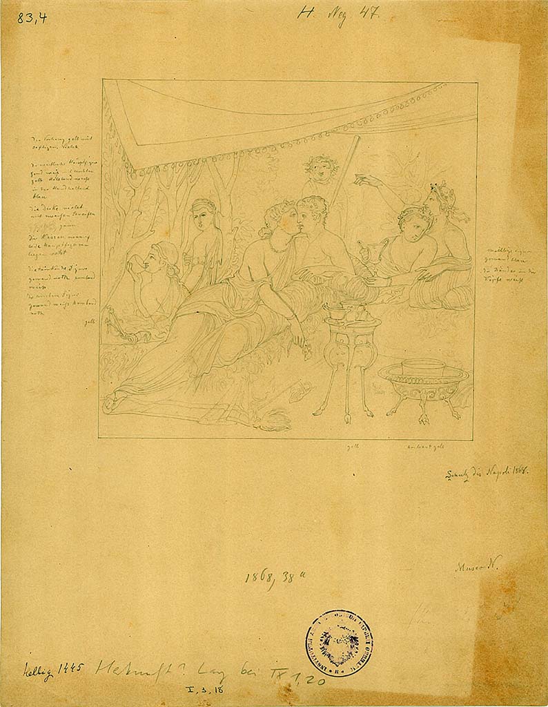 I.3.18 Pompeii. Drawing by L. Schulz dated 1868, of a banquet scene with couple kissing.
DAIR 83.4. Photo � Deutsches Arch�ologisches Institut, Abteilung Rom, Arkiv. 

