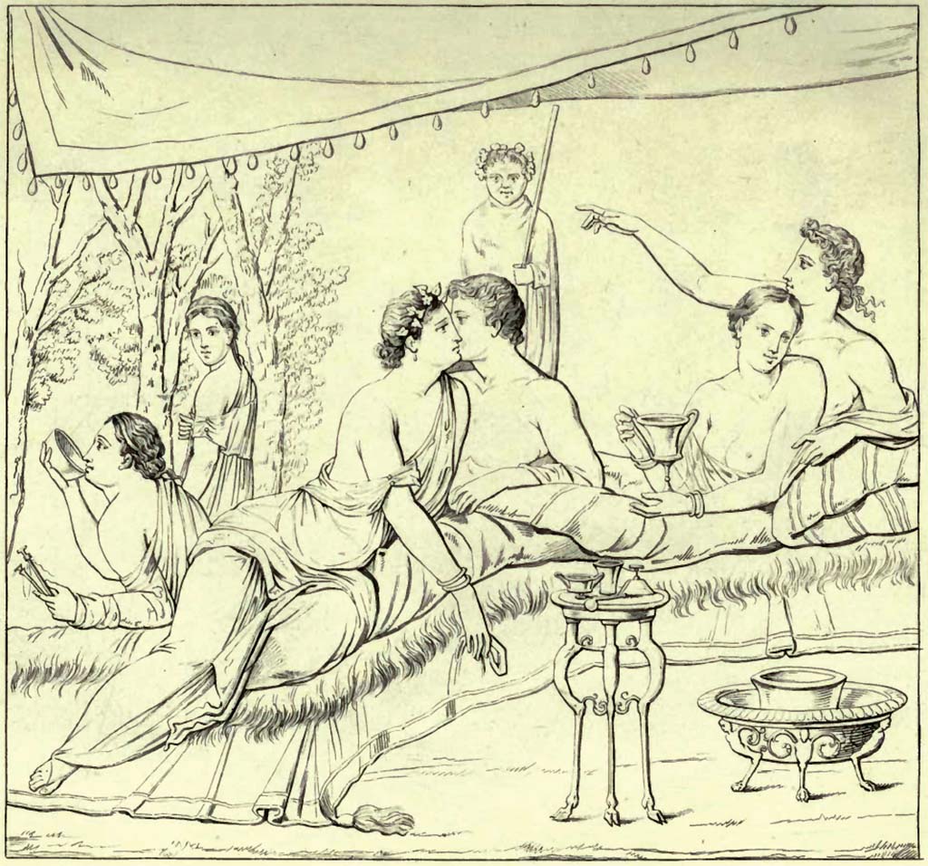 I.3.18 Pompeii. Pre-1843. Drawing by Abbate of banqueting scene.
Original painting now in Naples Archaeological Museum. Inventory number 9015.
See Raccolta de pi� interessante Dipinture e di pi� belle Musaici rinvenuti negli Scavi di Ercolano, di Pompei, e di Stabia. 1843. Napoli.
