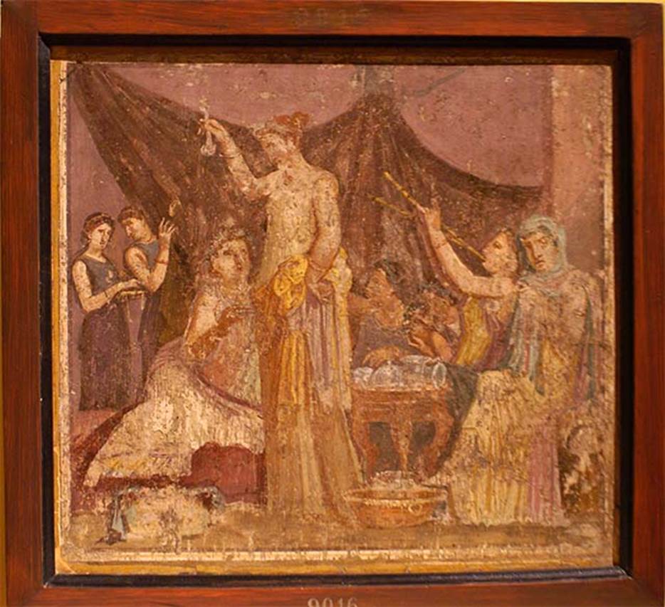 I.3.18 Pompeii. Wall painting of a women�s banquet scene.
Now in Naples Archaeological Museum.  Inventory number 9016.
According to Richardson, the above painting was found with another banquet scene, inventory number 9015.
See Richardson, L., 2000. A Catalog of Identifiable Figure Painters of Ancient Pompeii, Herculaneum. Baltimore: John Hopkins, (p.120) 
