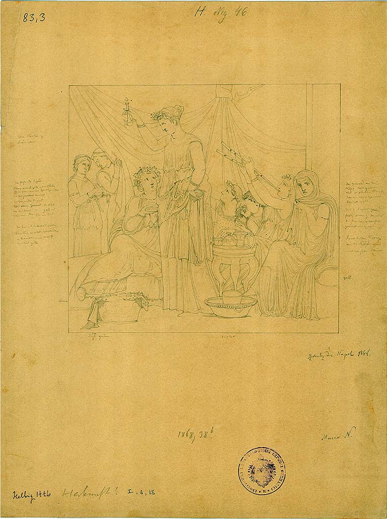 I.3.18 Pompeii. Drawing by L. Schulz dated 1868, of a women�s banquet scene.
DAIR 83.3. Photo � Deutsches Arch�ologisches Institut, Abteilung Rom, Arkiv. 

