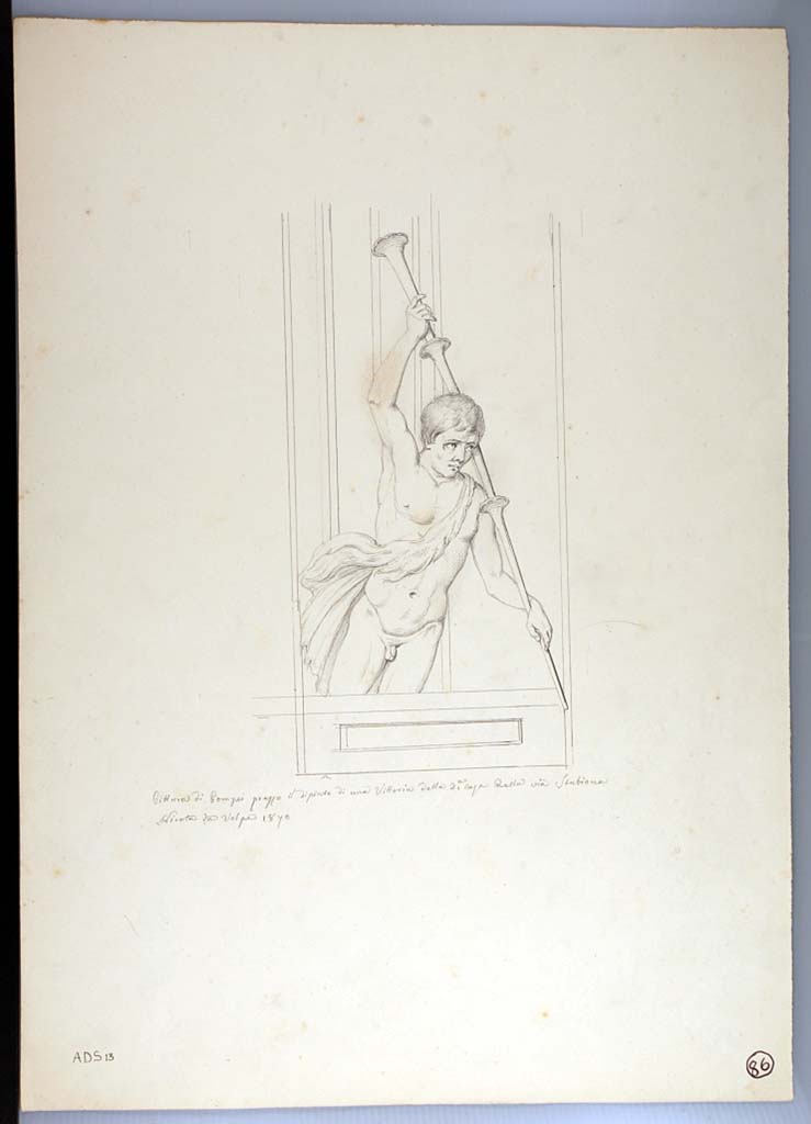 I.3.25 Pompeii. South wall of oecus, on east side of central painting. 
1870 drawing by Nicola La Volpe of a carrier of a torch seen in the architecture.
See Sogliano, A., 1879. Le pitture murali campane scoverte negli anni 1867-79. Napoli: Giannini. (p.43, no.186, described as a Satyr).
Now in Naples Archaeological Museum. Inventory number ADS 13.
Photo � ICCD. http://www.catalogo.beniculturali.it
Utilizzabili alle condizioni della licenza Attribuzione - Non commerciale - Condividi allo stesso modo 2.5 Italia (CC BY-NC-SA 2.5 IT)
