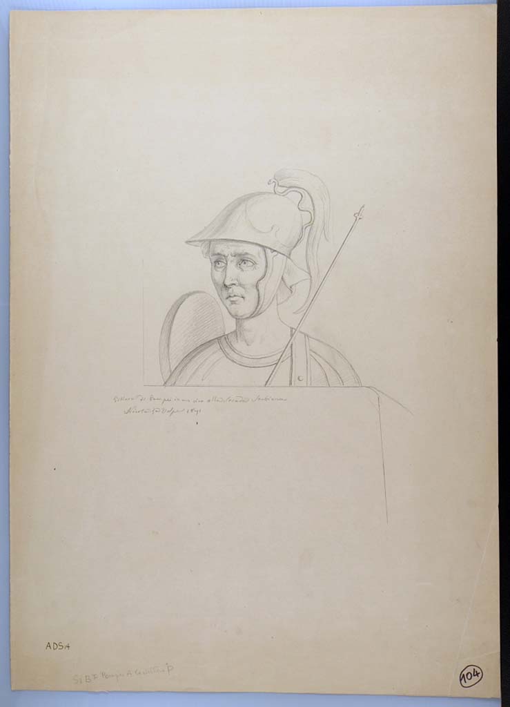I.3.25 Pompeii. 1870 drawing by Nicola La Volpe of an armed soldier with helmet, shield and lance.
From east side of south wall of oecus.
See Sogliano, A., 1879. Le pitture murali campane scoverte negli anni 1867-79. Napoli: Giannini. (p.152, no.767).
Now in Naples Archaeological Museum. Inventory number ADS 14.
Photo � ICCD. http://www.catalogo.beniculturali.it
Utilizzabili alle condizioni della licenza Attribuzione - Non commerciale - Condividi allo stesso modo 2.5 Italia (CC BY-NC-SA 2.5 IT)

