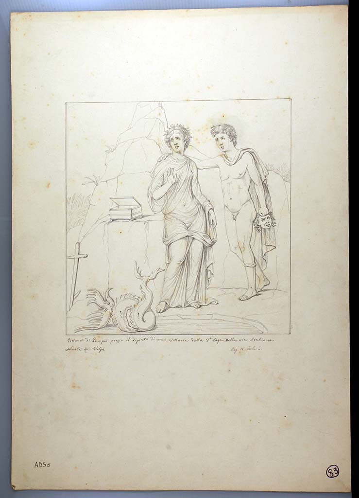 I.3.25 Pompeii. 1870 drawing by Nicola La Volpe of painting of Perseus and Andromeda, seen on east wall of cubiculum.
See Sogliano, A., 1879. Le pitture murali campane scoverte negli anni 1867-79. Napoli: Giannini. (p.91, no.519).
Now in Naples Archaeological Museum. Inventory number ADS 15.
Photo � ICCD. http://www.catalogo.beniculturali.it
Utilizzabili alle condizioni della licenza Attribuzione - Non commerciale - Condividi allo stesso modo 2.5 Italia (CC BY-NC-SA 2.5 IT)
