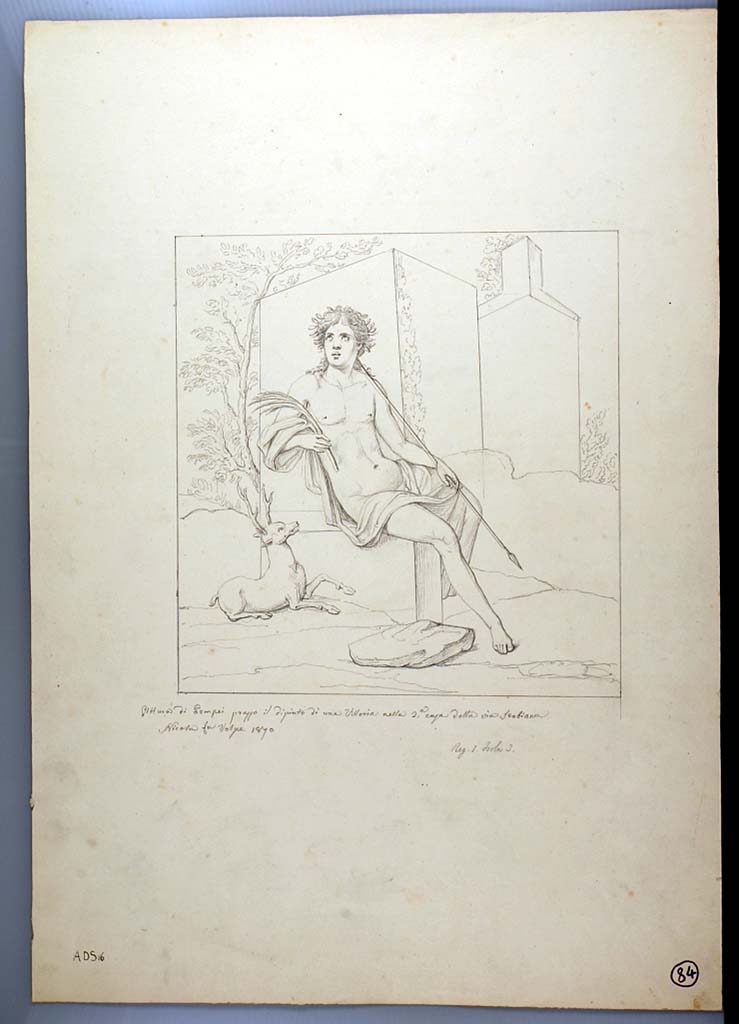 I.3.25 Pompeii. 1870 drawing by Nicola La Volpe of painting of Cyparissus seen in centre of south wall.
The painting was stolen in 1977.
See Sogliano, A., 1879. Le pitture murali campane scoverte negli anni 1867-79. Napoli: Giannini. (p.28, no.109).
Now in Naples Archaeological Museum. Inventory number ADS 16.
Photo � ICCD. http://www.catalogo.beniculturali.it
Utilizzabili alle condizioni della licenza Attribuzione - Non commerciale - Condividi allo stesso modo 2.5 Italia (CC BY-NC-SA 2.5 IT)
