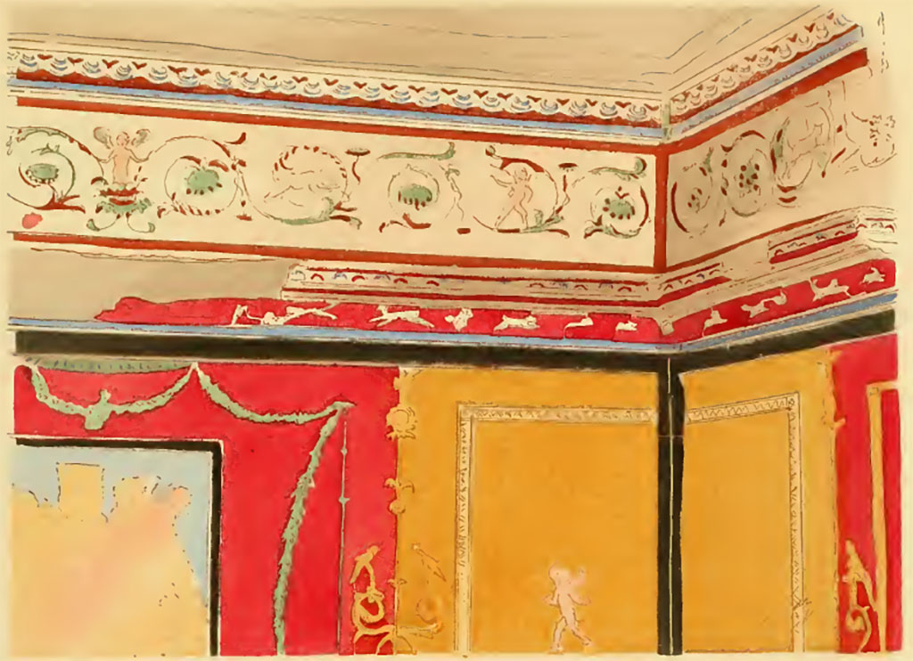 I.3.25 Pompeii. Undated painting by Pierre Gusman of detail of upper wall in the cubiculum, south-west corner.
Described as - XXI. 1� Frise d'une chambre du quatri�me style (R�gion 1, 2, 25).
See Gusman P., 1924. La D�coration Murale de Pompei. Paris : Moranc�, pl. XXI,1.
