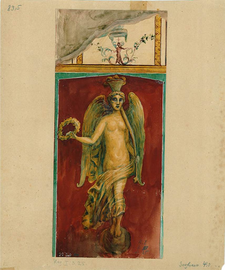 I.3.25 Pompeii. 1880 watercolour of Nike (Victory) with yellow transparent wings, on a red background, found on the south-west pilaster of the peristyle.
Nike is standing on a globe, holding a crown (and a cornucopia?).
DAIR 83, 5. Photo � Deutsches Arch�ologisches Institut, Abteilung Rom, Arkiv. 
