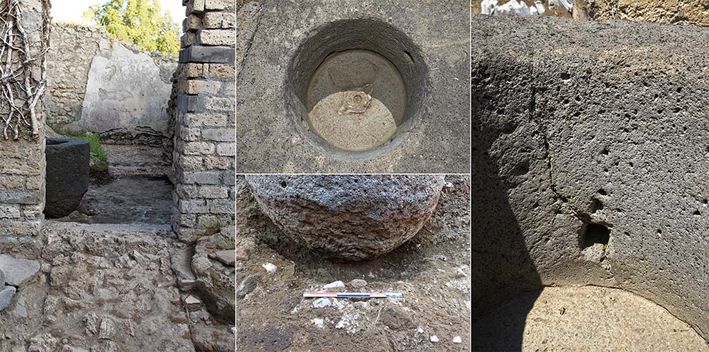 Fig. 8 � Pomp�i, boulangerie I 3, 27 � Vues du p�trin. 
Salle du p�trin depuis la salle des meules (� g., vue du sud). Le p�trin dans sa fosse de r�cup�ration ( ?) (au centre en bas, vue de l�ouest). Int�rieur du p�trin : on observe le syst�me d�insertion de l�axe au fond de la cuve (au centre en haut, vue de l�ouest). Int�rieur du p�trin : l�utilisation de la lame de frasage a consid�rablement us� la paroi de la cuve (� dr., vue du sud).
Clich�s : N. Monteix / F. Pauvarel / C. Salviani � EFR. Utilisation soumise � CC-BY-NC-SA 4.0