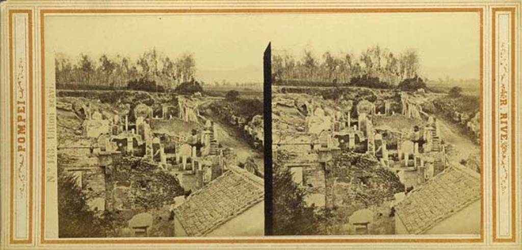 I.4.2 Pompeii. Stereoview by R. Rive, c.1860-1870�s.
Looking across atrium towards peristyle at rear, and steps in south-east corner. 
At the rear of the east wall of the peristyle would be the lower (third) peristyle of 1.4.5/25.
Photo courtesy of Rick Bauer.

