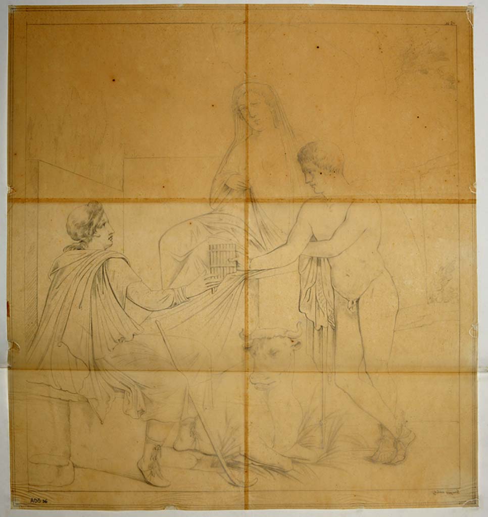 I.4.25 Pompeii. Room 37, north wall of triclinium on west side of lower peristyle 32. 
Drawing by Giuseppe Abbate of wall painting of the myth of Io, Argo and Mercury. 
See Helbig, W., 1868. Wandgem�lde der vom Vesuv versch�tteten St�dte Campaniens. Leipzig: Breitkopf und H�rtel, (137).
Now in Naples Archaeological Museum. Inventory number ADS 36.
Photo � ICCD. https://www.catalogo.beniculturali.it
Utilizzabili alle condizioni della licenza Attribuzione - Non commerciale - Condividi allo stesso modo 2.5 Italia (CC BY-NC-SA 2.5 IT)
