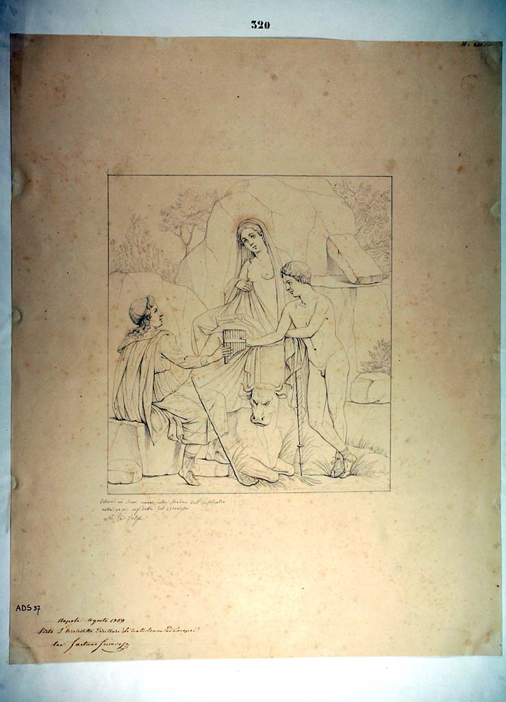 I.4.25 Pompeii. Room 37, north wall of triclinium on west side of lower peristyle 32. 
Drawing by Nicola La Volpe, of wall painting of the myth of Io, Argo and Mercury. 
Now in Naples Archaeological Museum. Inventory number ADS 37.
Photo � ICCD. https://www.catalogo.beniculturali.it
Utilizzabili alle condizioni della licenza Attribuzione - Non commerciale - Condividi allo stesso modo 2.5 Italia (CC BY-NC-SA 2.5 IT)