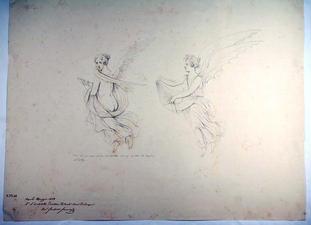 I.4.25 Pompeii. Room 37, panel with female flying figures, perhaps �Day� and �Night�.
The decoration on the walls has now faded away. 
See Helbig, W., 1868. Wandgem�lde der vom Vesuv versch�tteten St�dte Campaniens. Leipzig: Breitkopf und H�rtel, (1951).
Now in Naples Archaeological Museum. Inventory number ADS 38.
Photo � ICCD. http://www.catalogo.beniculturali.it
Utilizzabili alle condizioni della licenza Attribuzione - Non commerciale - Condividi allo stesso modo 2.5 Italia (CC BY-NC-SA 2.5 IT)
