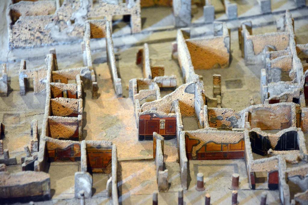 I.4.25/1.4.5 Pompeii. May 2019. Detail from model in Naples Archaeological Museum.
Looking west from above Middle Peristyle 17, lower centre, and Tablinum14 leading into atrium of I.4.5, centre left.
Foto Tobias Busen, ERC Grant 681269 DÉCOR.