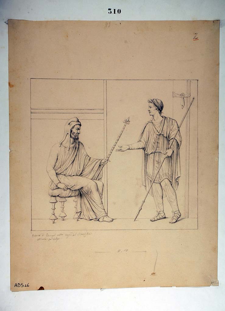 I.4.25 Pompeii. Room 23, north wall of cubiculum. 
Drawing by Nicola La Volpe of a painting of a messenger standing in front of an oriental king.
This painting was left in situ and has now faded and decomposed.
Now in Naples Archaeological Museum. Inventory number ADS 26.
Photo � ICCD. http://www.catalogo.beniculturali.it
Utilizzabili alle condizioni della licenza Attribuzione - Non commerciale - Condividi allo stesso modo 2.5 Italia (CC BY-NC-SA 2.5 IT)
