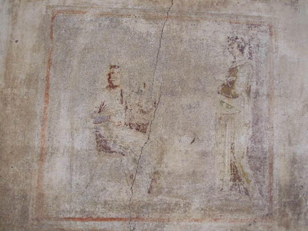I.4.25 Pompeii. December 2006. Room 23, south wall of cubiculum. Remains of a wall painting of a musical contest. 
On the left sits an old crowned king with a plectrum in his hand and a lyre on his knee. 
In front of him stands is a young girl dressed in yellow and playing a seven-string lyre. 
See Helbig, W., 1868. Wandgem�lde der vom Vesuv versch�tteten St�dte Campaniens. Leipzig: Breitkopf und H�rtel. (1378b, p.309).

