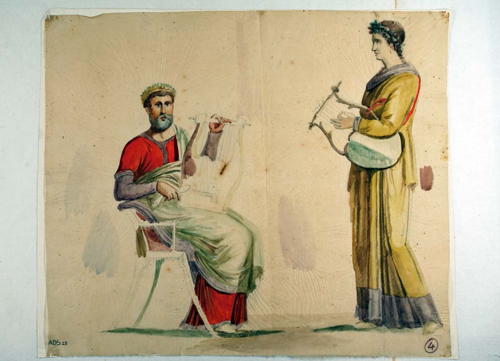 I.4.25 Pompeii. Room 23, south wall of cubiculum. 
This painting was attributed to Nicola La Volpe on the grounds of the drawing and painting above.
However, Helbig attributed it to Michele Mastracchio.
See Helbig, W., 1868. Wandgem�lde der vom Vesuv versch�tteten St�dte Campaniens. Leipzig: Breitkopf und H�rtel. (1378b, p.309).
Now in Naples Archaeological Museum. Inventory number ADS 23.
Photo � ICCD. http://www.catalogo.beniculturali.it
Utilizzabili alle condizioni della licenza Attribuzione - Non commerciale - Condividi allo stesso modo 2.5 Italia (CC BY-NC-SA 2.5 IT)
