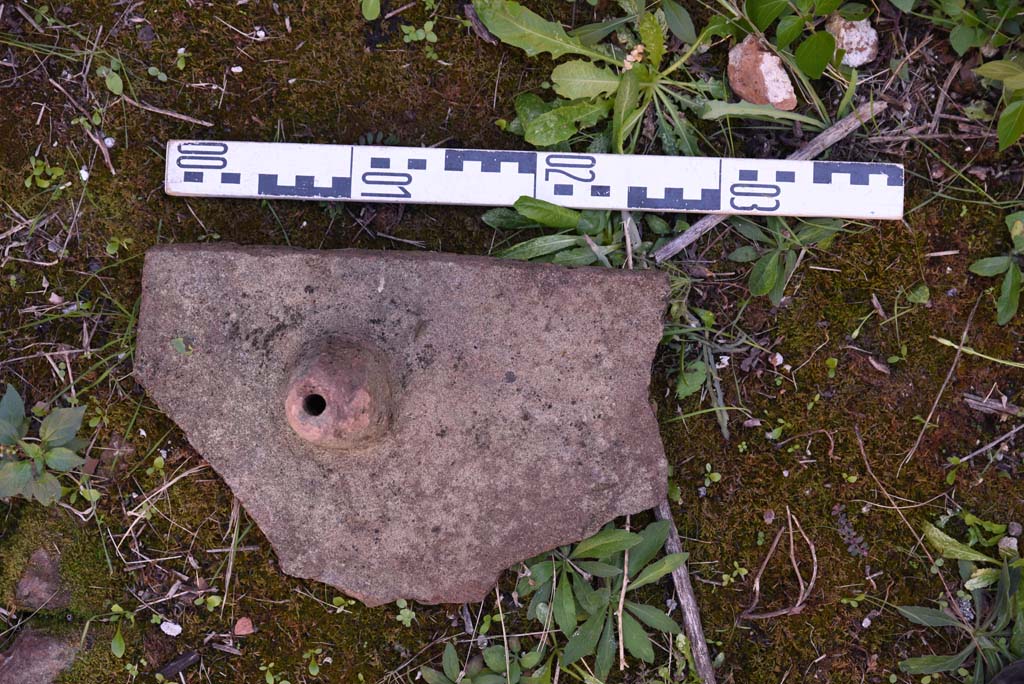 I.4.25/I.4.5 Pompeii. October 2019. 
Calidarium 41, detail of length of terracotta slab/tile - �Tegula Mammata� tiles with raised feet in the four corners.
Foto Tobias Busen, ERC Grant 681269 D�COR.

