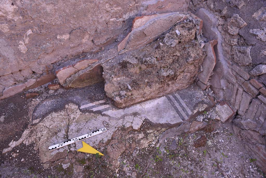 I.4.25/I.4.5 Pompeii. October 2019. 
Calidarium 41, looking west in north-west corner with detail of ducted wall heating tiles, and mosaic floor.
Foto Tobias Busen, ERC Grant 681269 D�COR.
