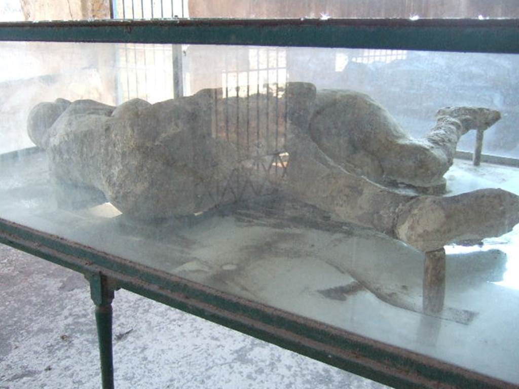 I.6.2 Pompeii. May 2006. Plaster cast of two victims found above the garden area. 
When excavated, one of the fallen lay on her left side, her head was to the east and her legs were to the west, slightly contracted. 
The other lay on her right side with her head on the bosom of the first, with their arms entwined around each other.
See Notizie degli Scavi di Antichità, 1914, Vol. XI, p.262.

