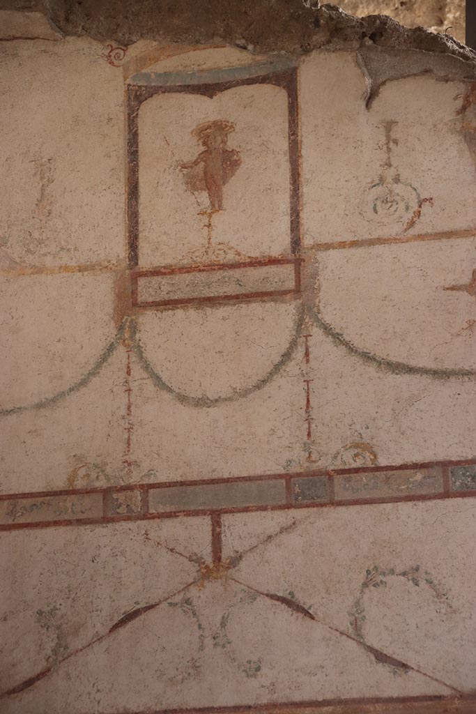 I.6.4 Pompeii. October 2024.
Room 5, detail from upper north-east corner of east wall. Photo courtesy of Klaus Heese.