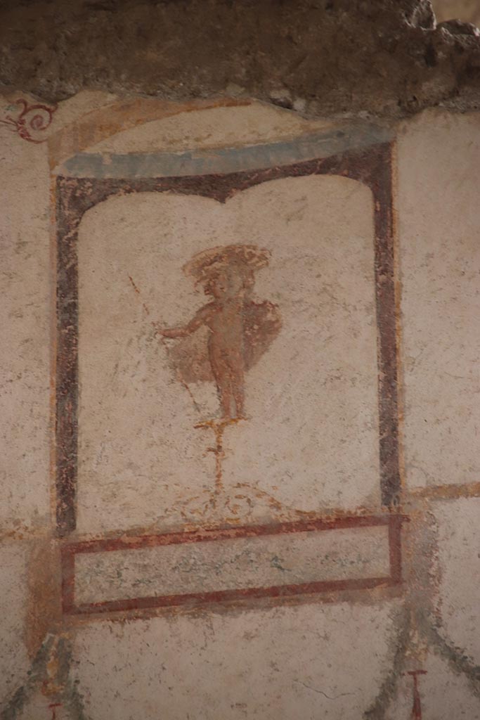 I.6.4 Pompeii. October 2024.
Room 5, detail of figure from upper north-east corner of east wall. Photo courtesy of Klaus Heese.